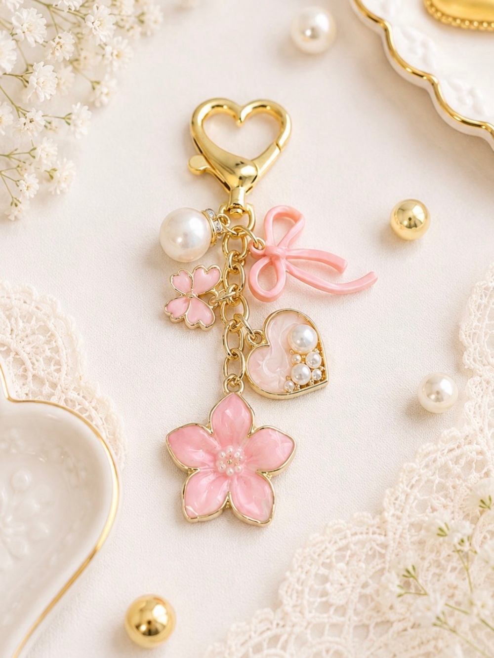 Bag Charm/Keyring-Pink Enamel Floral Charm Heart & Bow Charms-Gold Hardware